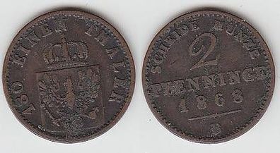 2 Pfennige Kupfer Münze Preussen 1868 B ss