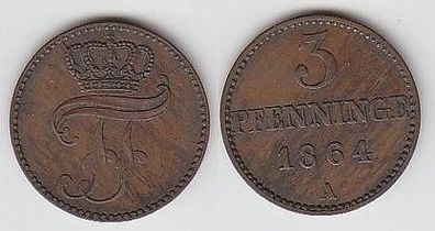 3 Pfennige Kupfer Münze Mecklenburg Schwerin 1864 A