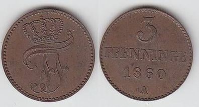 3 Pfennige Kupfer Münze Mecklenburg Schwerin 1860 A