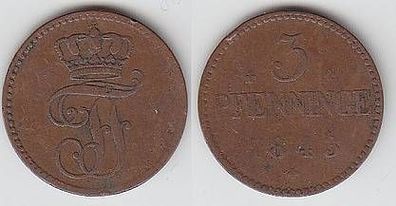 3 Pfennige Kupfer Münze Mecklenburg Schwerin 1843