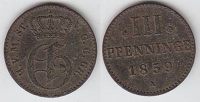 3 Pfennige Kupfer Münze Mecklenburg Strelitz 1859 A