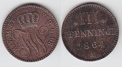 3 Pfennige Kupfer Münze Mecklenburg Strelitz 1864 A ss+