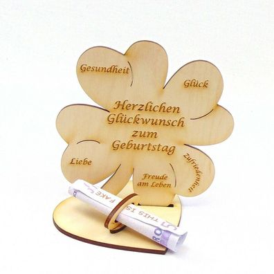 Zum Geburtstag, Geldgeschenk Glückwünsche Geldscheinhalter Holz 11 cm Kleeblatt