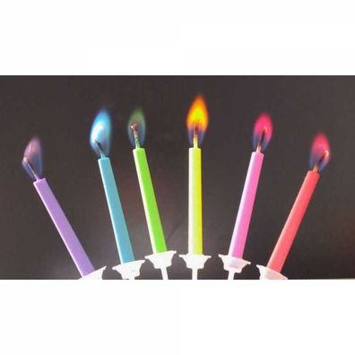 Geburtstagskerzen mit farbiger Flamme - 12 Stück (Höhe: 6 cm) + 12 Halter