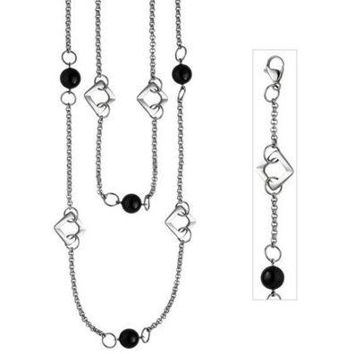 Collier Halskette 2-reihig aus Edelstahl mit schwarzem Achat 55 cm
