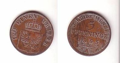 3 Pfennige Kupfer Münze Preussen 1865 A
