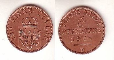 3 Pfennige Kupfer Münze Preussen 1867 B ss/ vz