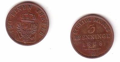3 Pfennige Kupfer Münze Preussen 1868 A ss+