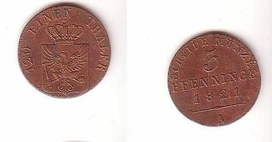 3 Pfennige Kupfer Münze Preussen 1821 A vz