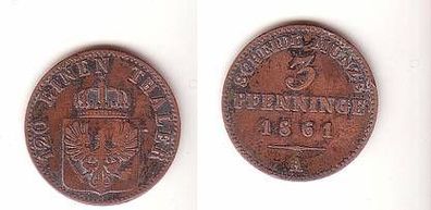 3 Pfennige Kupfer Münze Preussen 1861 A f. ss