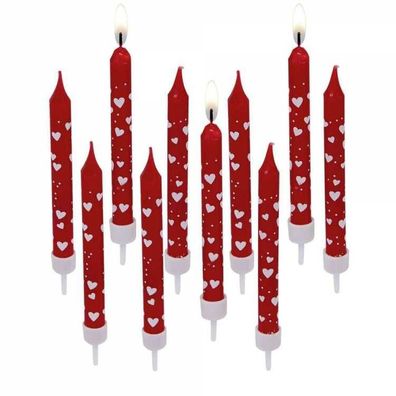Geburtstagstortenkerzen "Herzen" rot mit weiß Herzdruck Länge: 7,5 cm 10 Kerzen mit