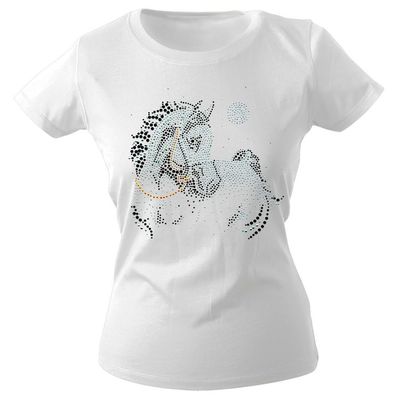 Girly-Shirt mit Strasssteinen Glitzer Pferd Horse Stute G88332 Gr. weiß / L