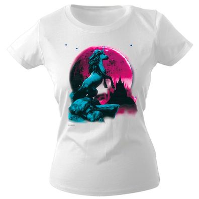 Girly-Shirt mit Print Einhorn bei Nacht Mondschein G12666 Gr. weiß / M