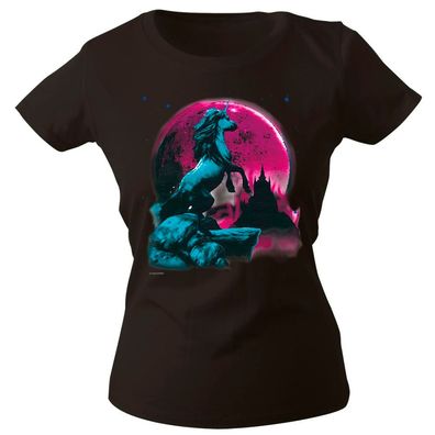 Girly-Shirt mit Print Einhorn bei Nacht Mondschein G12666 Gr. schwarz / L