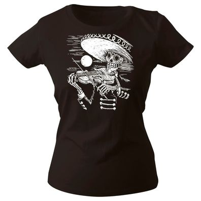 Girly-Shirt mit Print Musiker Skelett Geiger Sombrero Skull - G12998 schwarz Gr. XL