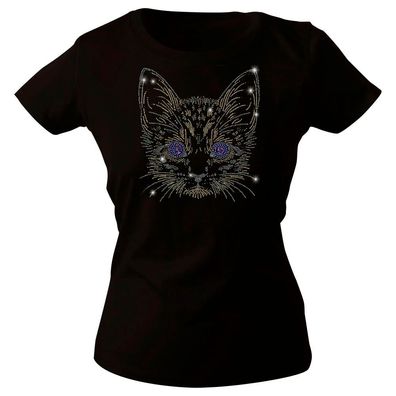 Girly-Shirt mit Strasssteinen Glitzer - Katze Cat - 88334 schwarz Gr. XS-2XL