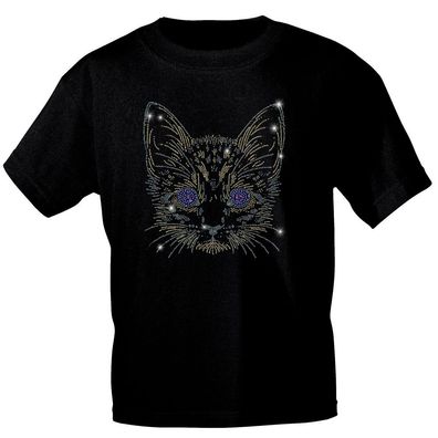 T-Shirt mit Strasssteinen Glitzer-Stein-Applikation - Katze Cat - 88304 schwarz Gr. 3