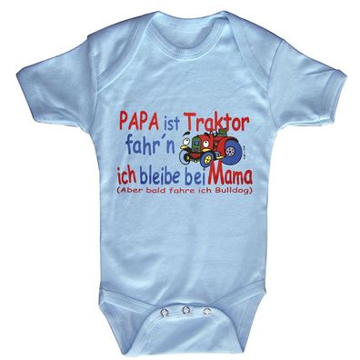Babystrampler mit Print - Papa ist Traktor fahrn ich bleib bei Mama - 08308 hellblau