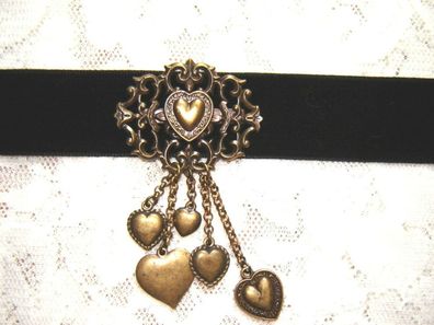 Kropfband Halsband Samtband schwarz Dirndlschmuck süß mit 5 kleinen Herzchen