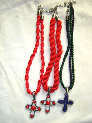 Kordelkette Trachtenkette Kreuz altsilberfarben Perlen Kordel in 2 Farben Z
