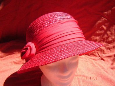Damenhut Strohhut toller Sommerhut Glocke Cloche Stroh natur in Farbe rubinrot K4