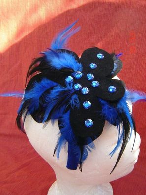 Haarreif Fascinator in Farbe schwarz und royalblau mitFedern und Glitzersteinen