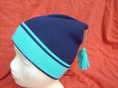 Strickmütze blau grün Skimütze m Bommel schöne Wintermütze innen Baumwolle B14 N