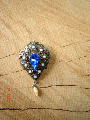 Trachtenbrosche Dirndlbrosche wunderschön funkelnd blauer Stein Perlen Anhänger p