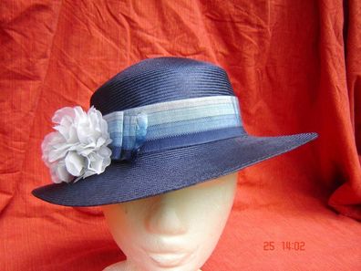 eleganter Damenhut Strohhut Sisal marine mit Seidenblume und Streifenband p