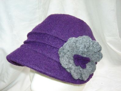 Walkmütze Schirmmütze lila mit grau Filzblüte Wolle Wintermütze Ballonmütze N W3