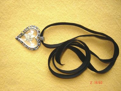 Samtband schwarz Herz altsilberfarben mit echt Edelweiß Kropfband Halskette p