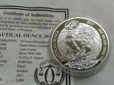 50 Francs RWF 2017 PP proof Ruanda Rwanda 1 Unze Silber Nautica Santa Maria