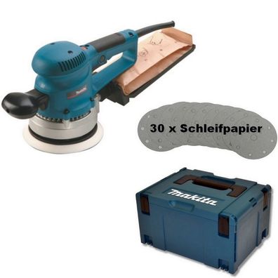 Makita Exzenterschleifer BO6030JX 150 mm inkl. 30 tlg. Schleifpapier-Set + Makpac