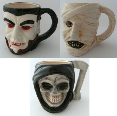 1 Kaffeebecher Vampir Mumie Sensenmann Tasse Tassen Halloween Totenkopf Steingut