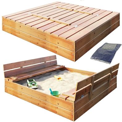 Sandkasten Sandbox mit Deckel Sitzbänken Sandkiste 120x120CM Holz