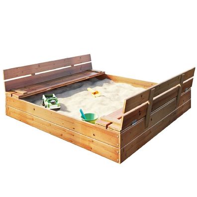Sandkasten Sandbox mit Deckel Sitzbänken Sandkiste 150x150CM Holz Schüsseln