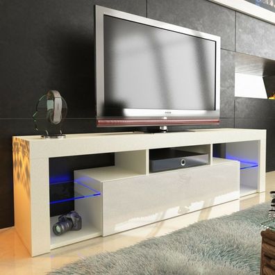 TV Lowboard Schrank TISCH BOARD 130cm Hochglanz mit RBG LED-Beleuchtung weiß