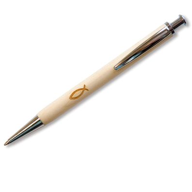 Kugelschreiber mit Holzschaft und Lasergravur "Ichthys-Symbol" mit Holz-Etui