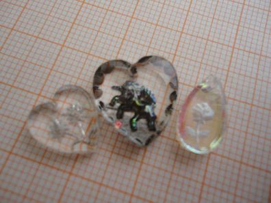 Glas-Nuggets / Anhänger : 2x Blumen + 1x Herz mit Einhorn Vintage Schmucksteine * 10