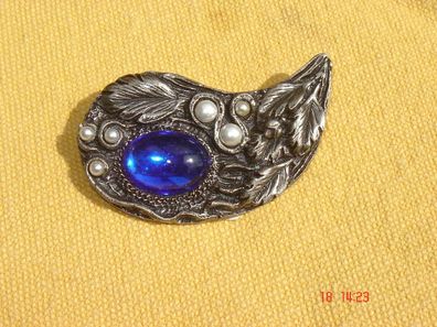 ausgefallene Brosche mit Perlen blauem Stein wie handgemacht Zinnguß