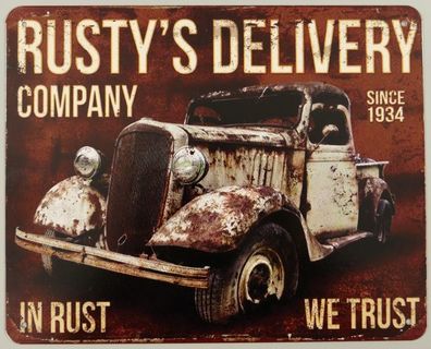 Blechschild, Reklameschild, Rusty's Delivery, Oldtimer Wandschild 20x25 cm