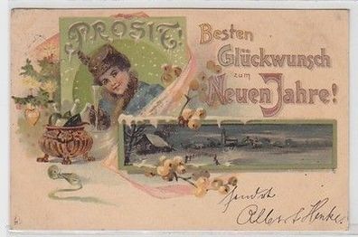 59085 Neujahrs Ak Dame mit Pelz und Sektglas in der Hand 1901