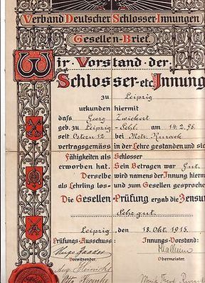 Gesellen-Brief Verband Deutscher Schlosser Innungen Leipzig 1915