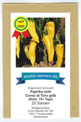 Gelbes, süßes Paprika in Form eines Stierhorns - Corno di Toro gelb - 20 Samen