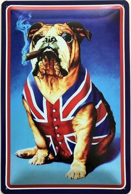 Blechschild 30 X 20 cm Hund mit Zigarre und engländischen Hemd