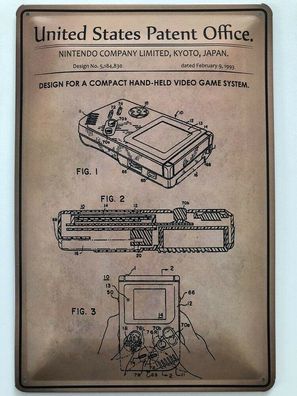 Blechschild 30 X 20 cm U.S. Patent Nintendo Gameboy 1993 - Deko