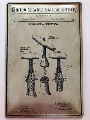 Blechschild 30 X 20 cm U.S. Patent Of Corkscrew