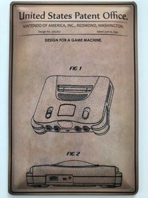 Blechschild 30 X 20 cm U.S. Patent Nintendo 64 Game 1997 - Deko