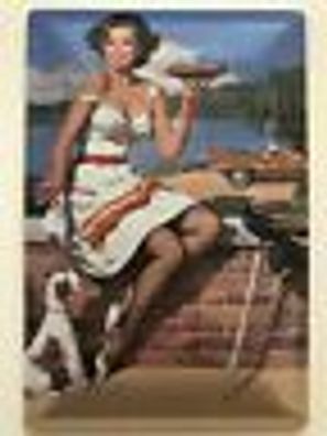 Blechschild 30 X 20 cm Pin Up Girl BBQ Hamburger