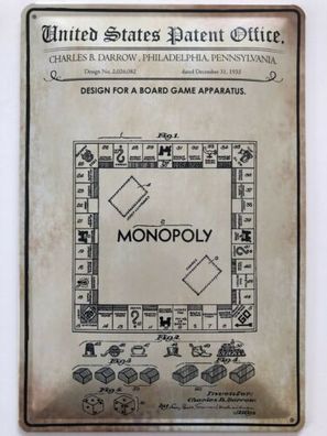 Blechschild 30 X 20 cm U.S. Patent Monopoly Brettspiel 1935 - Deko